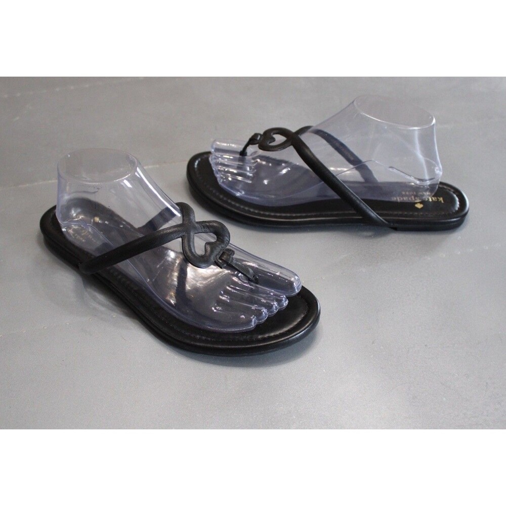 Kate Spade Pamela Heart Thong Sandals Black Nappa Leather Flip Flops Womens 10